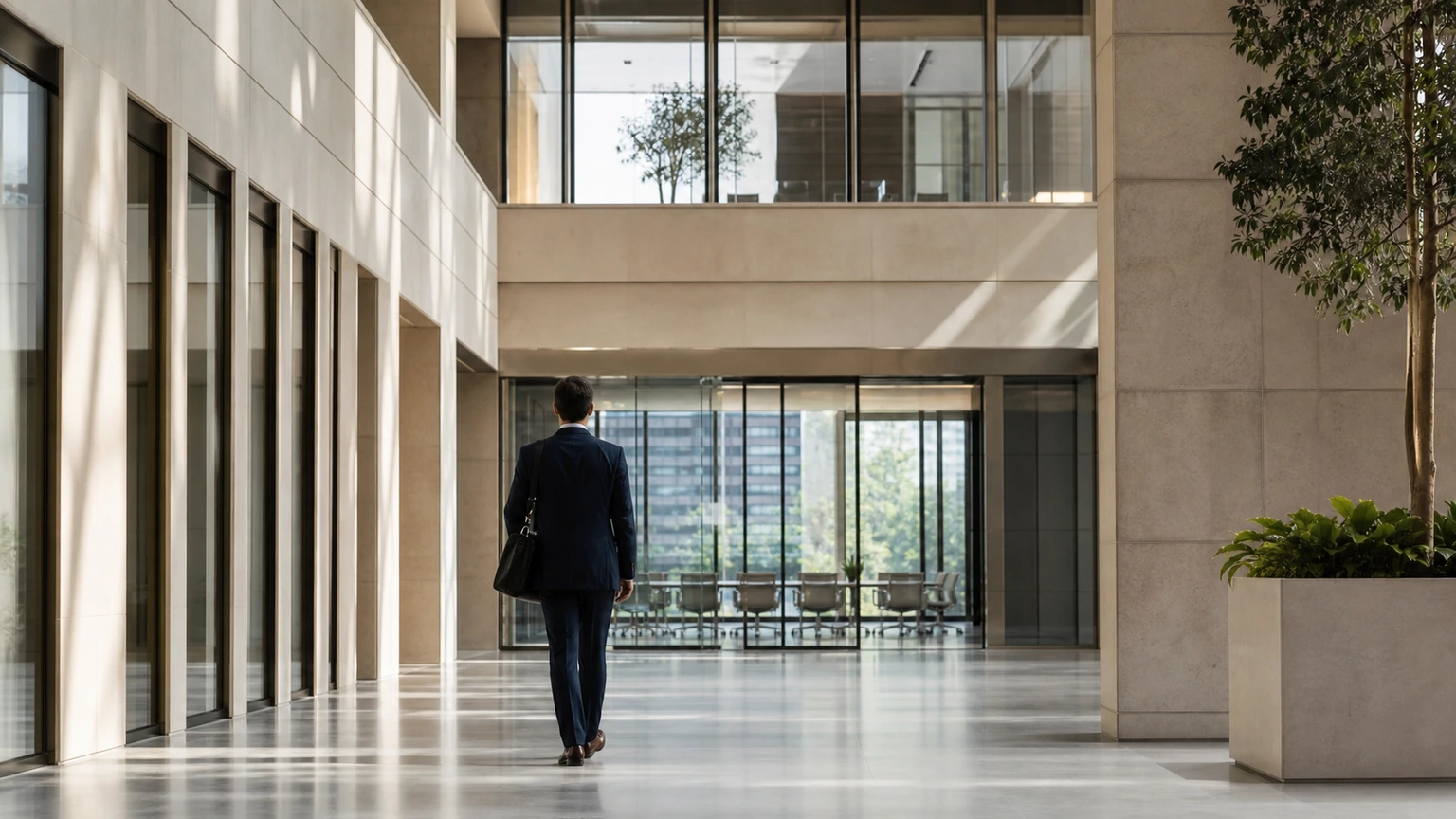 Candidat entrant dans un atrium institutionnel contemporain